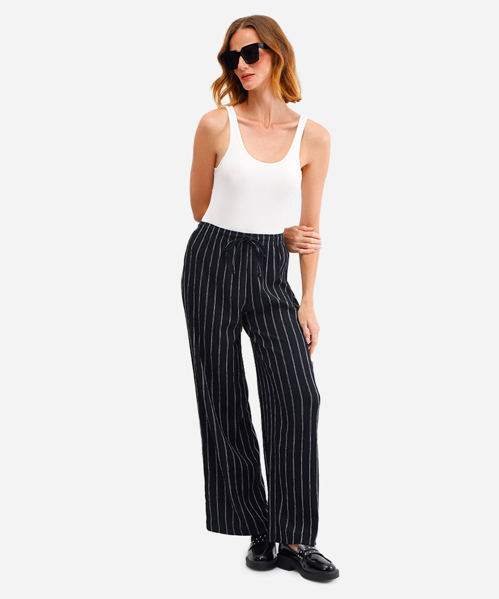 calça básica feminina wide leg listrada preta