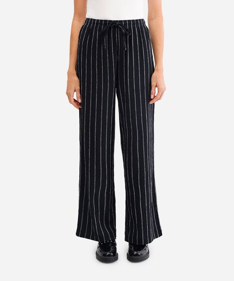 calça básica feminina wide leg listrada preta