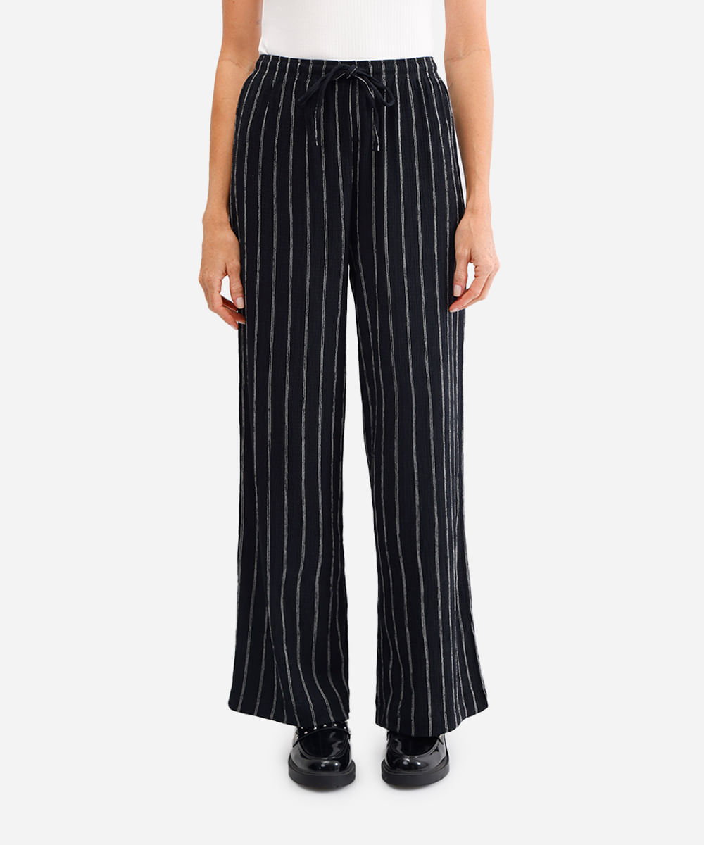 calça básica feminina wide leg listrada preta