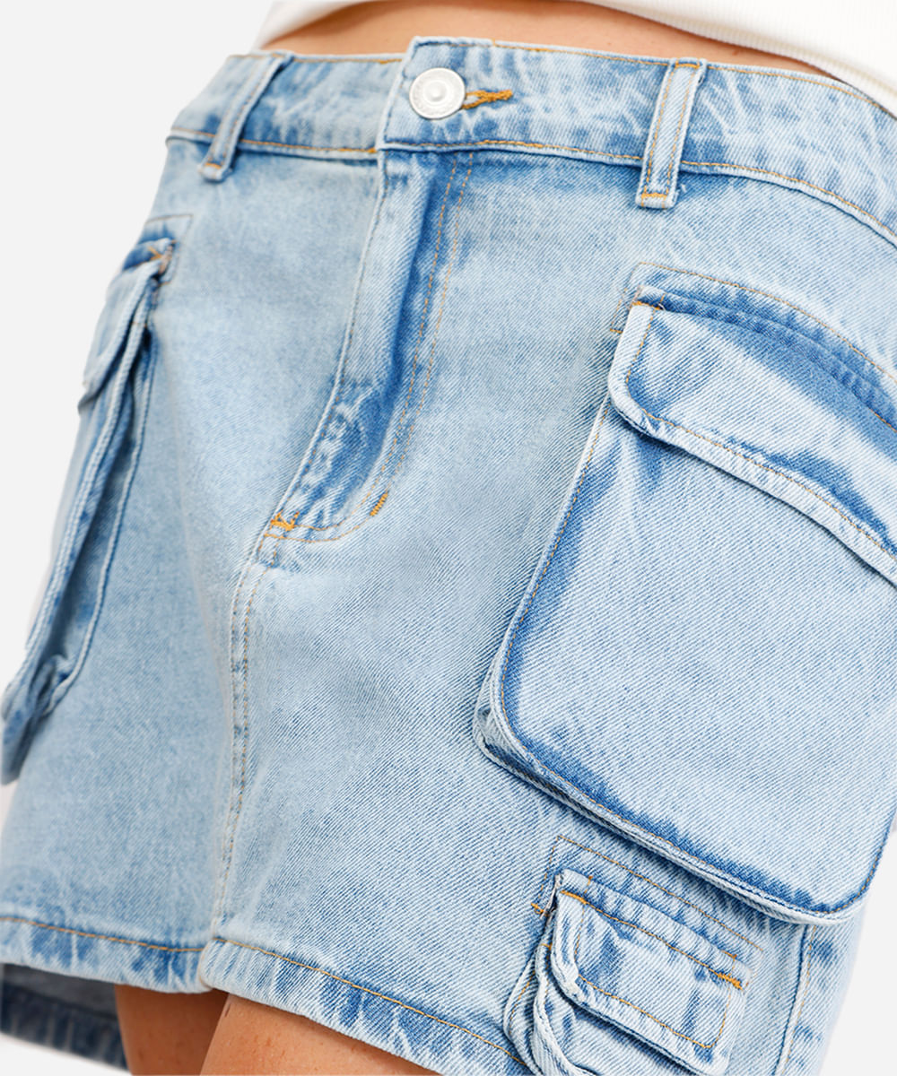 minissaia feminina jeans cargo azul