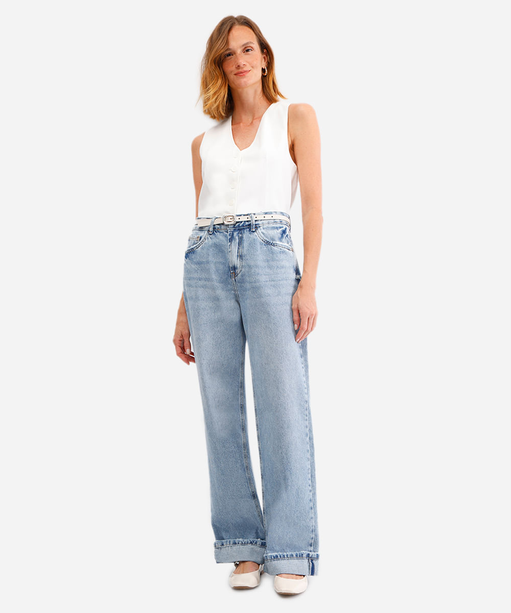 calça wide leg feminina jeans barra dobrada azul