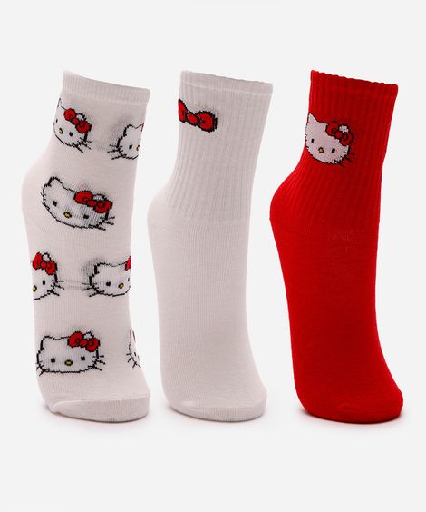 kit de 3 meias cano longo infantis hello kitty colorido