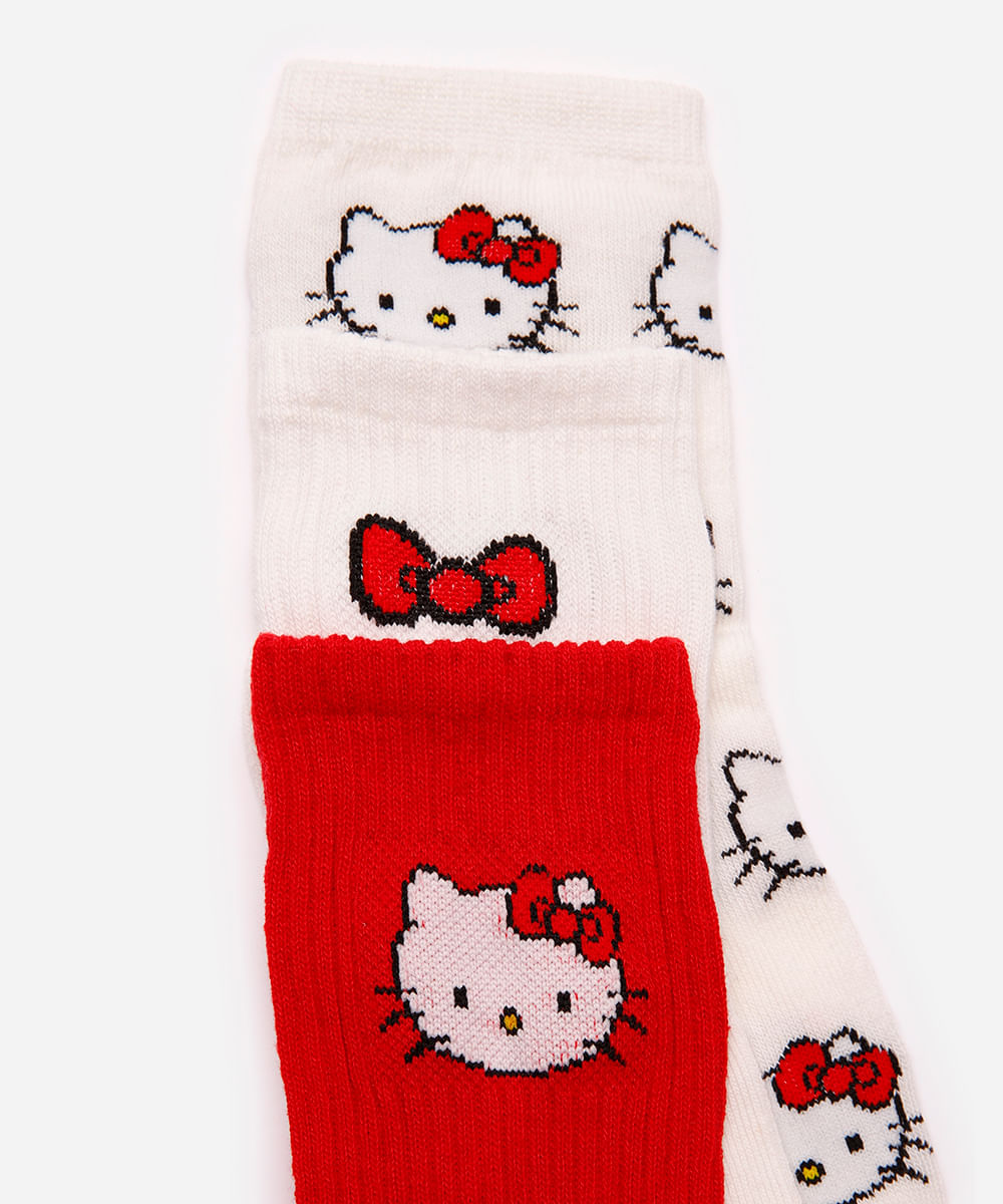 kit de 3 meias cano longo infantis hello kitty colorido