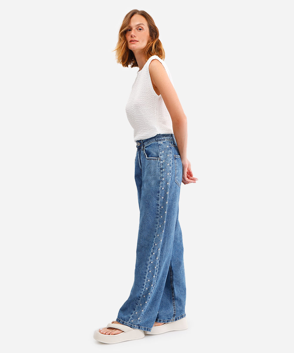 calça baggy feminina jeans com bordados azul