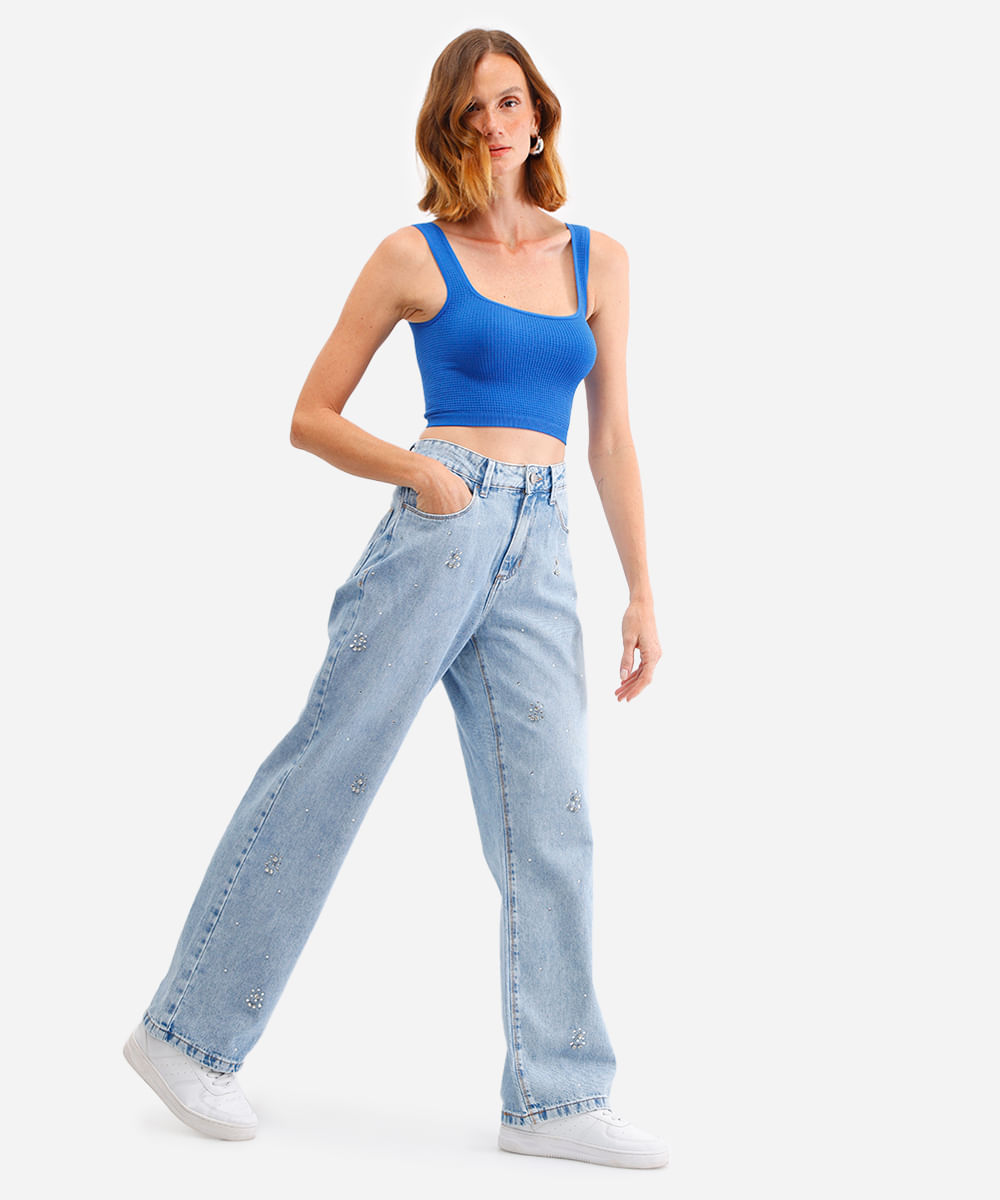cropped básico feminino texturizado azul