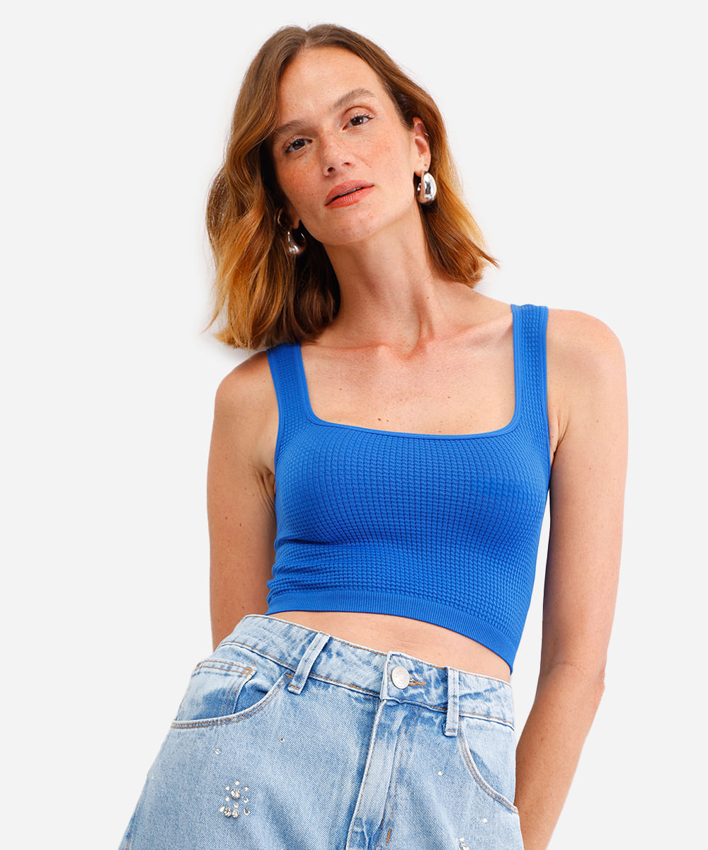 cropped básico feminino texturizado azul