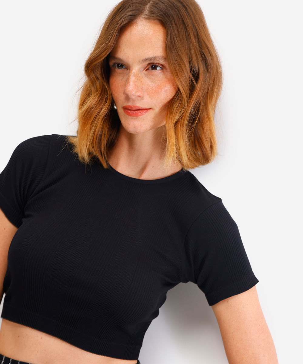 cropped básico feminino de poliamida canelado preto