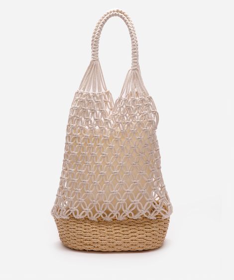 bolsa bucket com crochê e cestaria preto - off white
