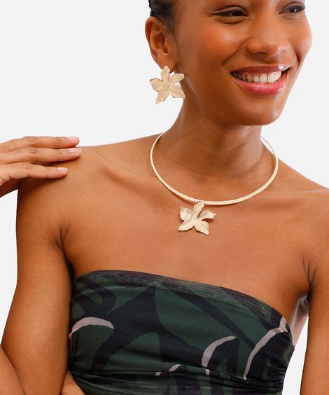 colar chocker floral dourado