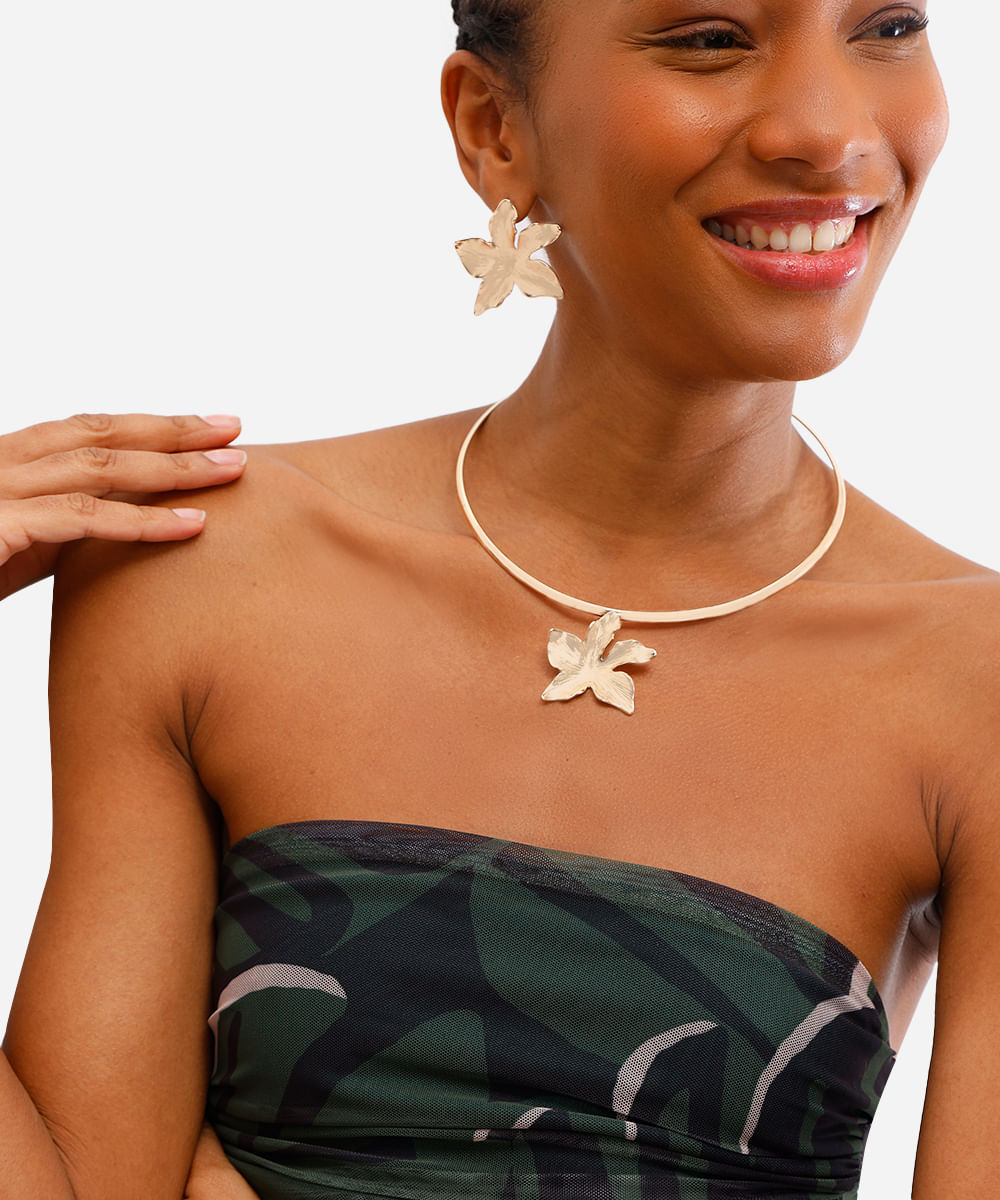 colar chocker floral dourado