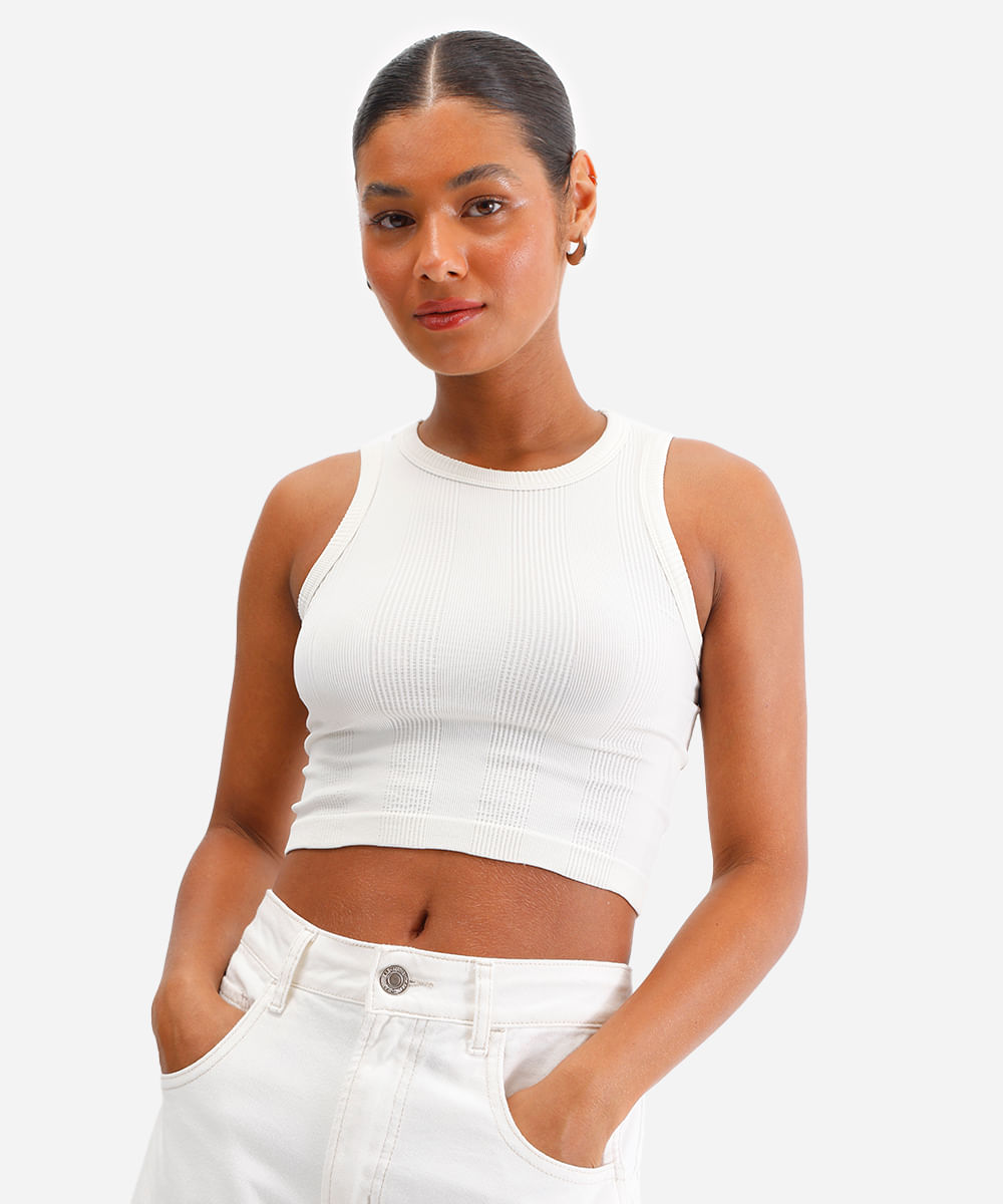 cropped feminino de poliamida canelada off white