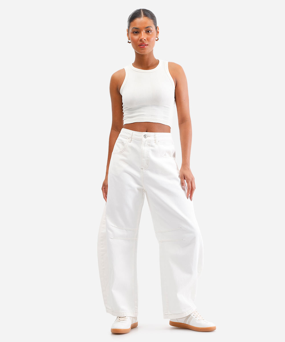 cropped feminino de poliamida canelada off white