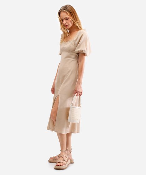 vestido midi feminino com linho manga bufante bege