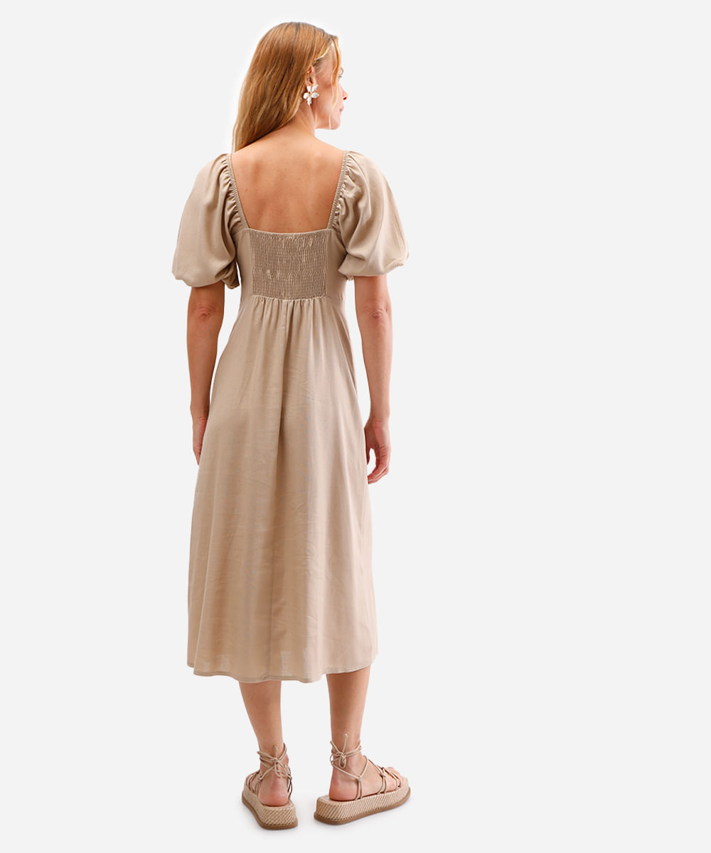 vestido midi feminino com linho manga bufante bege