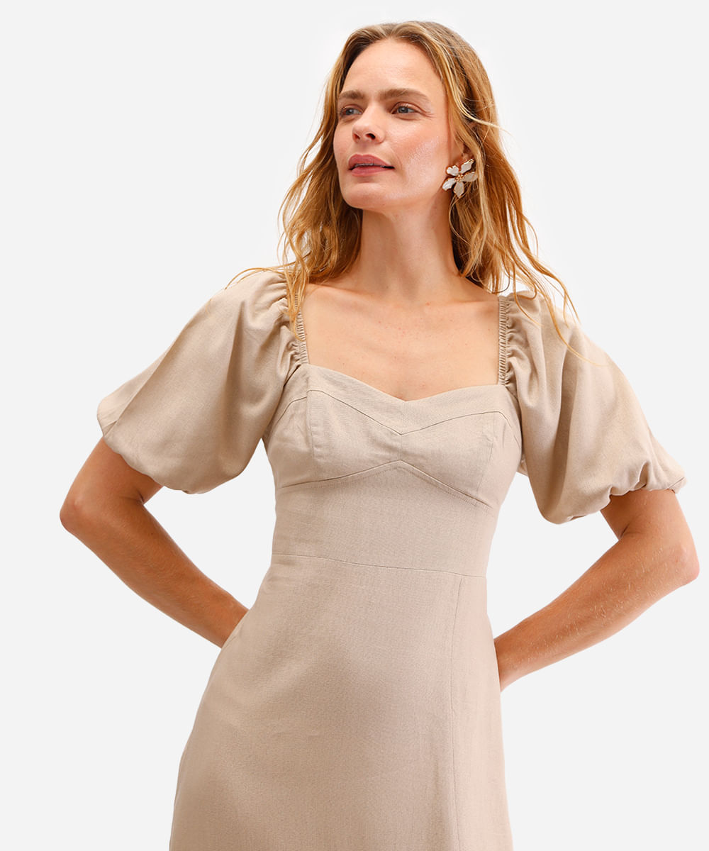 vestido midi feminino com linho manga bufante bege