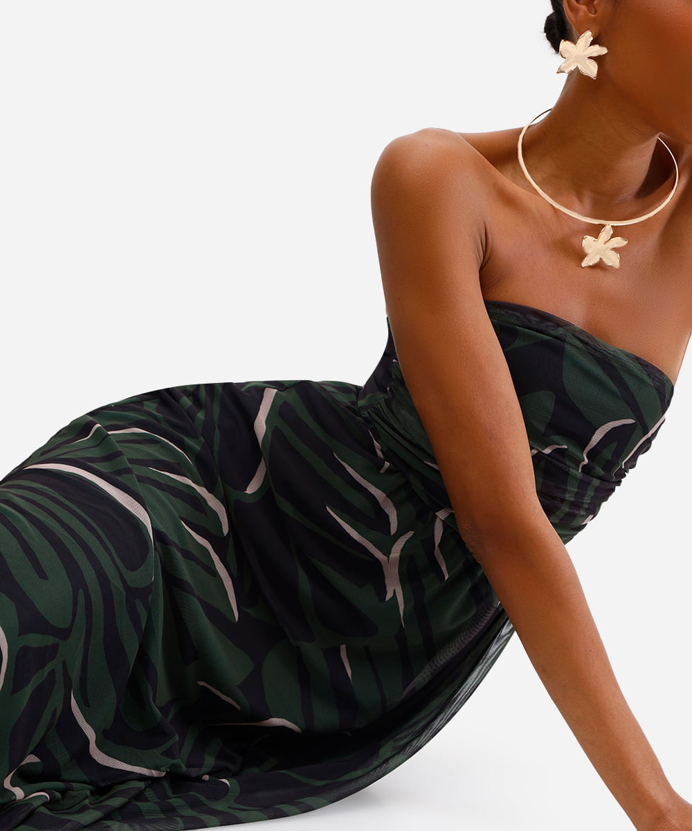 vestido sem alça feminino de tule folhagens verde