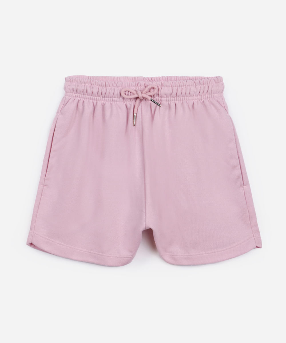 short de moletom juvenil cós com elástico e bolsos rosa