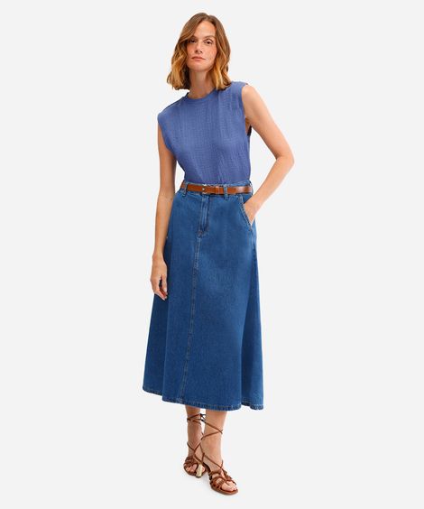 saia midi feminina jeans com cinto azul