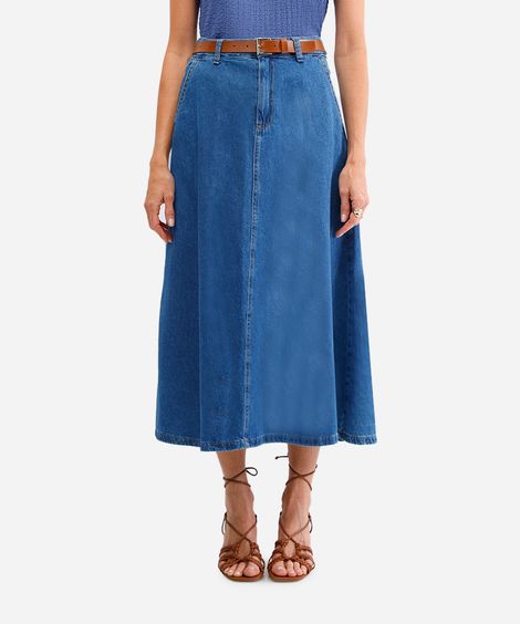 saia midi feminina jeans com cinto azul