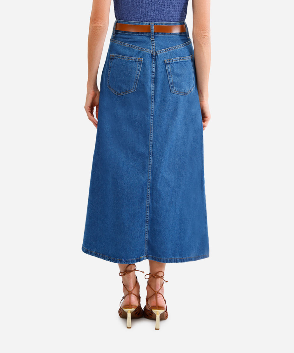 saia midi feminina jeans com cinto azul