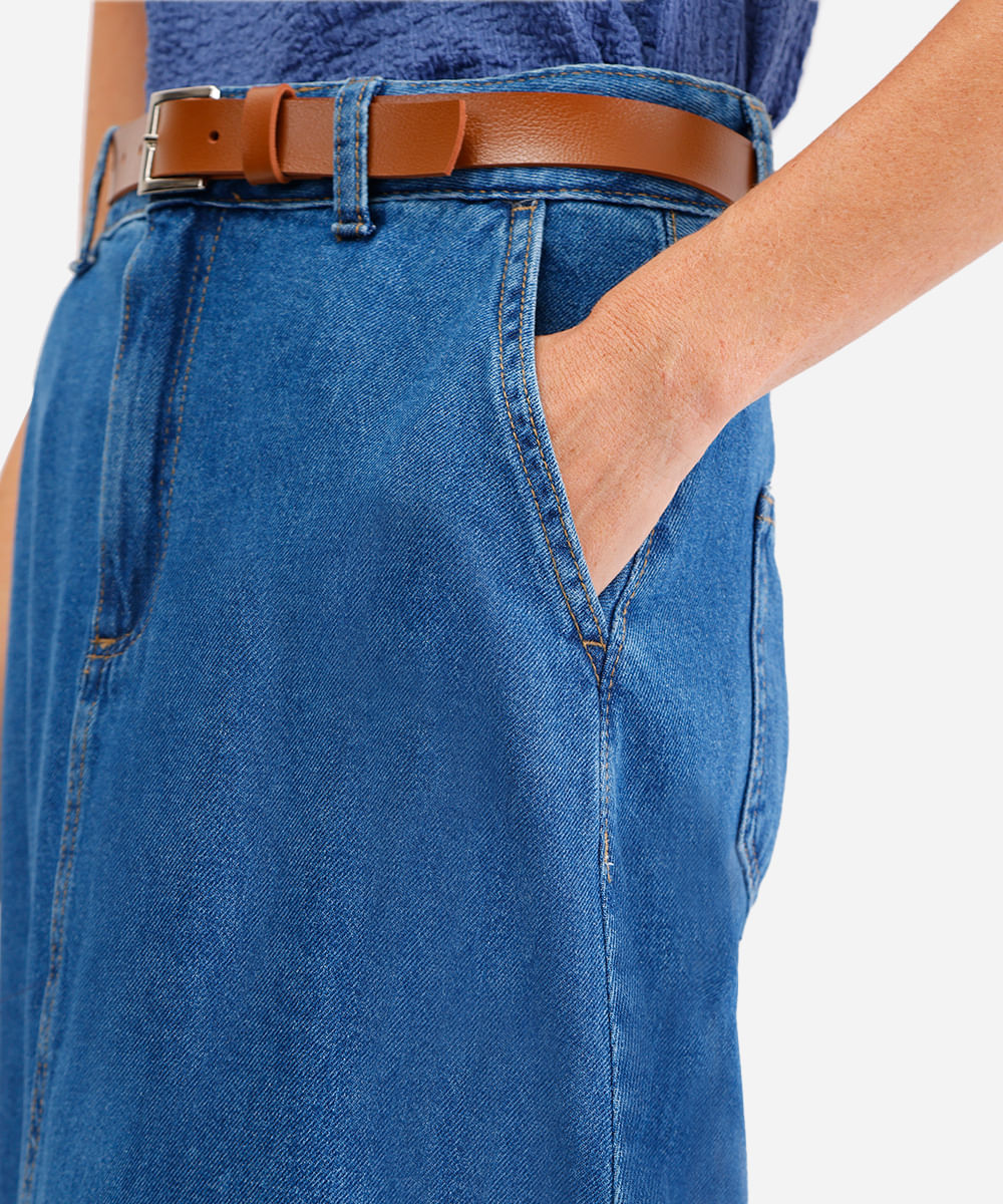 saia midi feminina jeans com cinto azul
