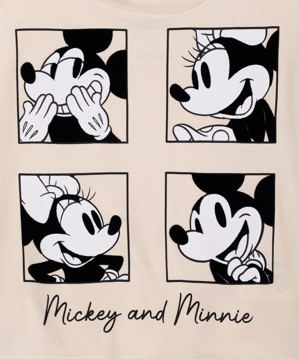 camiseta de algodão infantil mickey e minnie bege