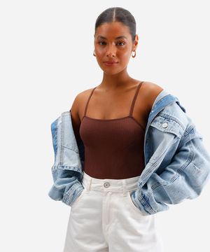 body básico feminino de poliamida canelado marrom