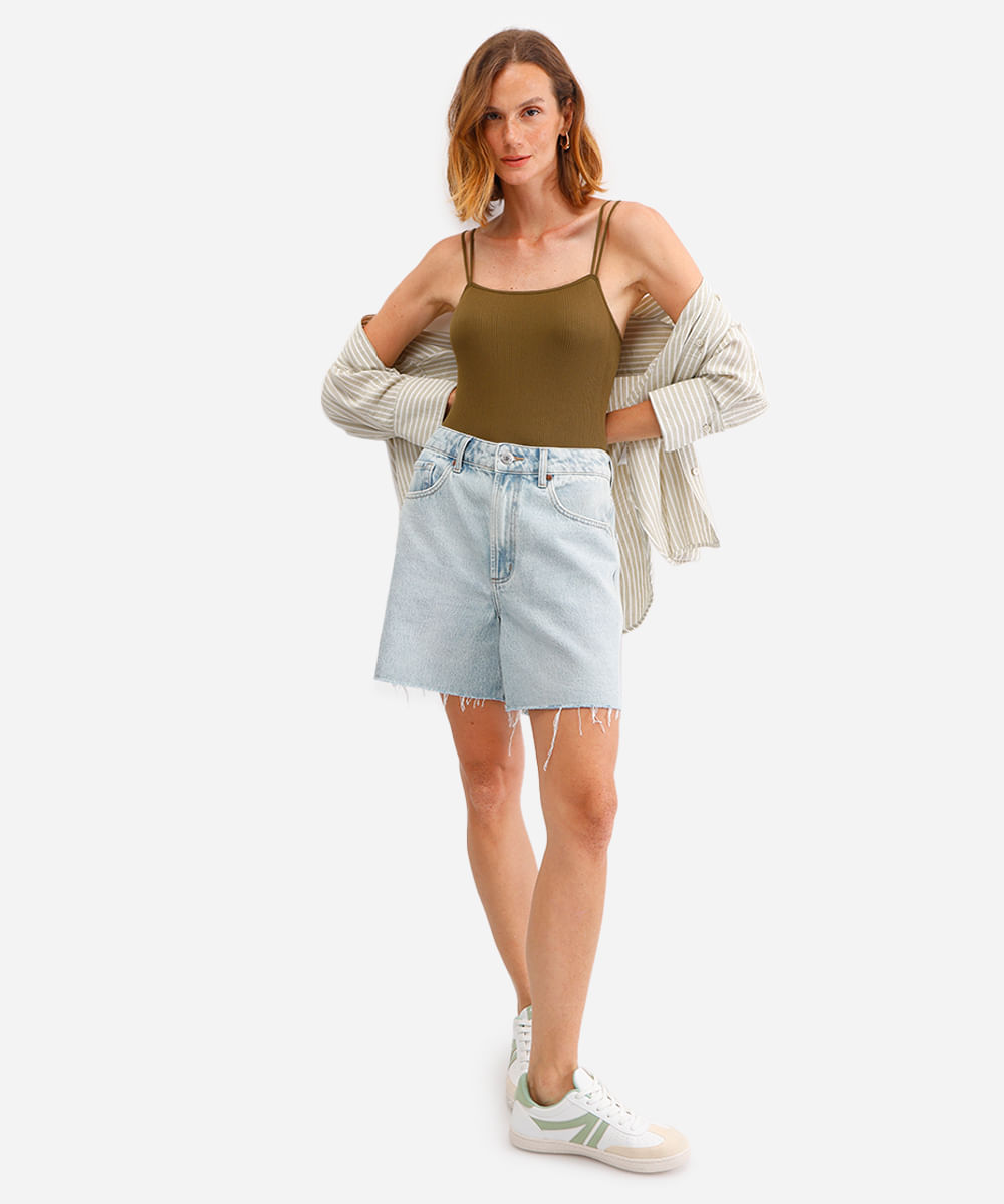 body básico feminino de poliamida canelado verde