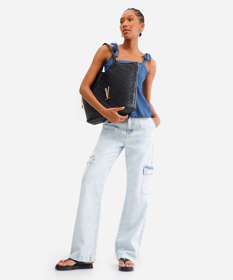 calça cargo jeans cintura alta azul