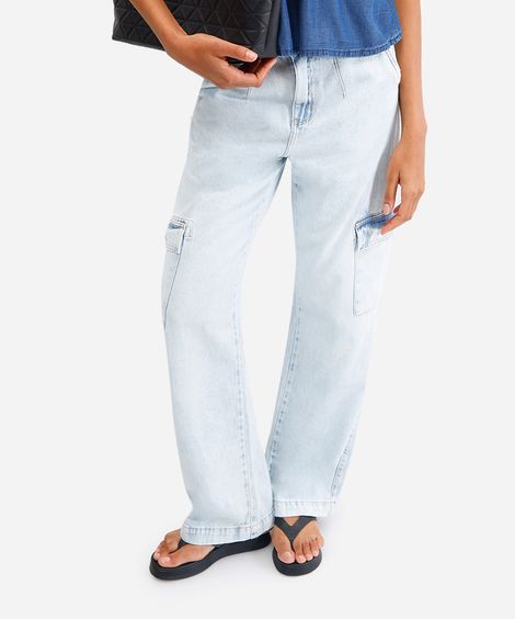 calça cargo jeans cintura alta azul