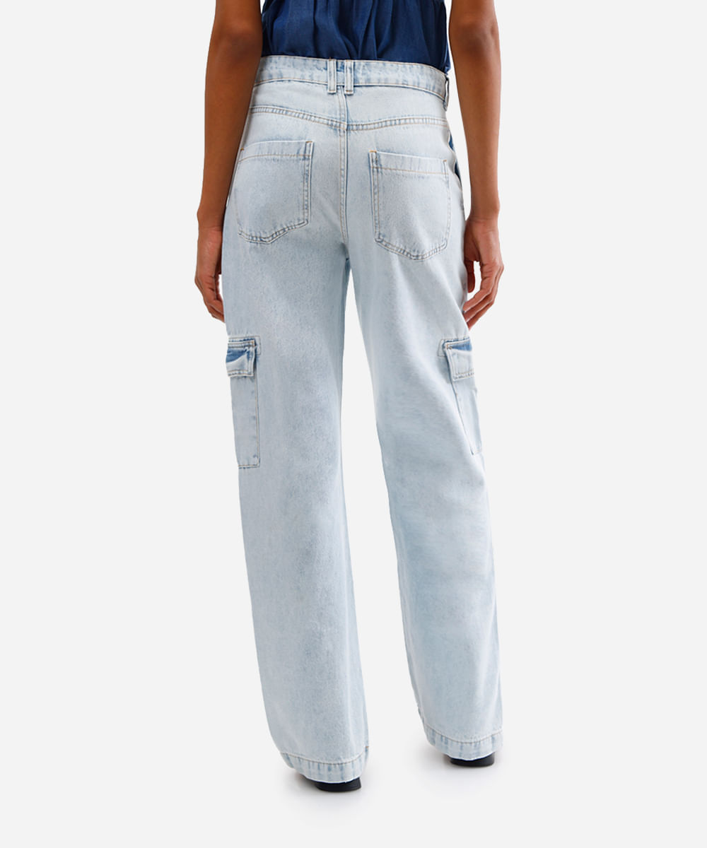 calça cargo jeans cintura alta azul