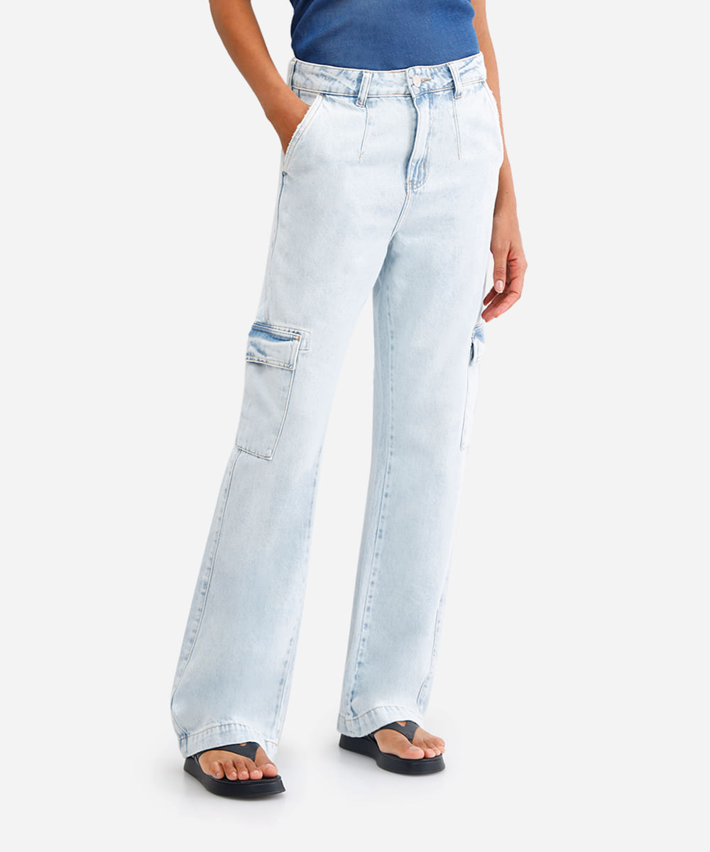 calça cargo jeans cintura alta azul
