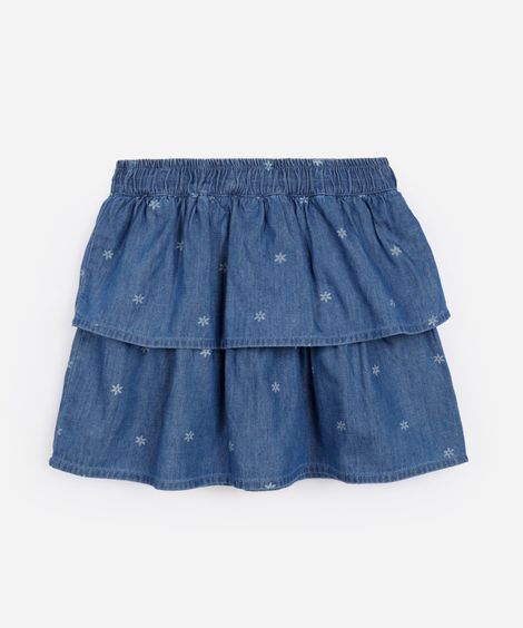 saia curta infantil jeans floral azul