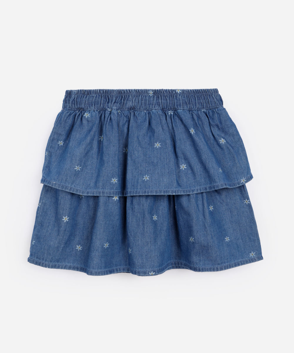 saia curta infantil jeans floral azul