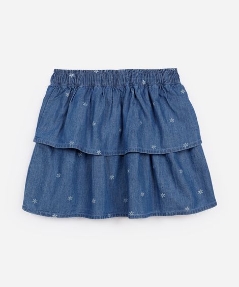saia curta infantil jeans floral azul