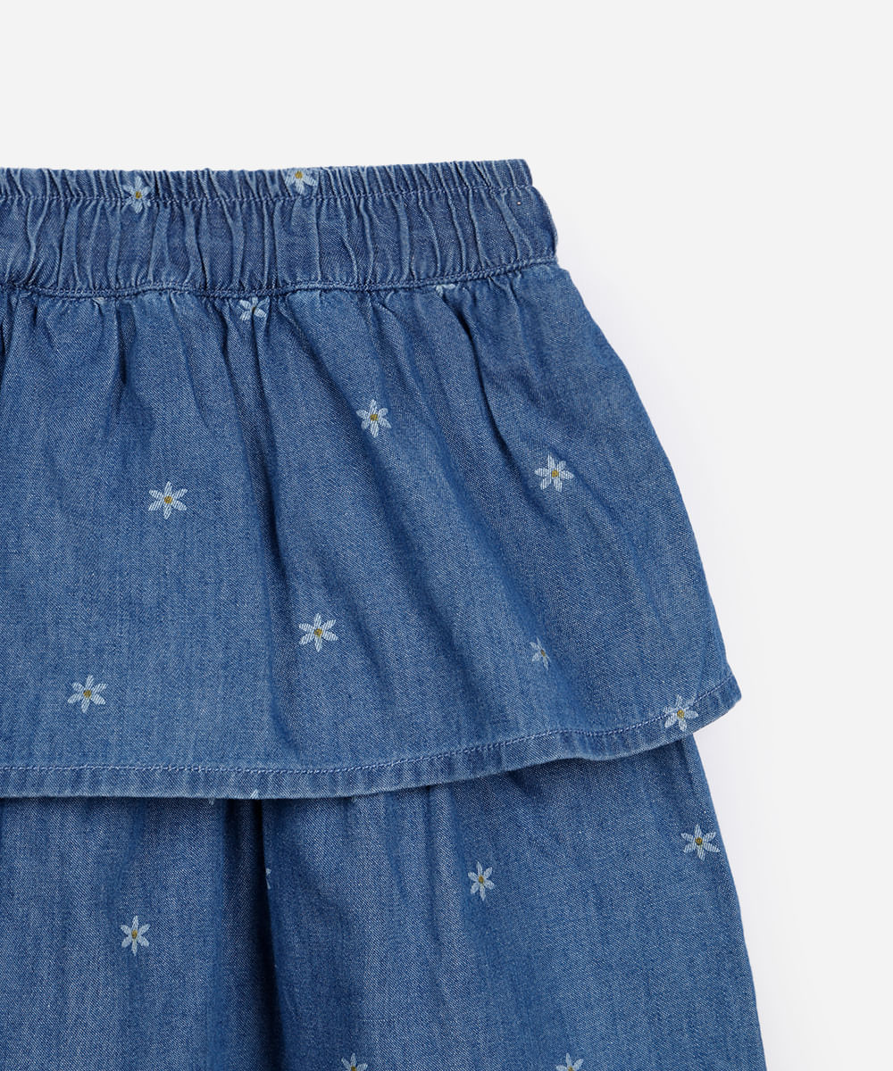saia curta infantil jeans floral azul