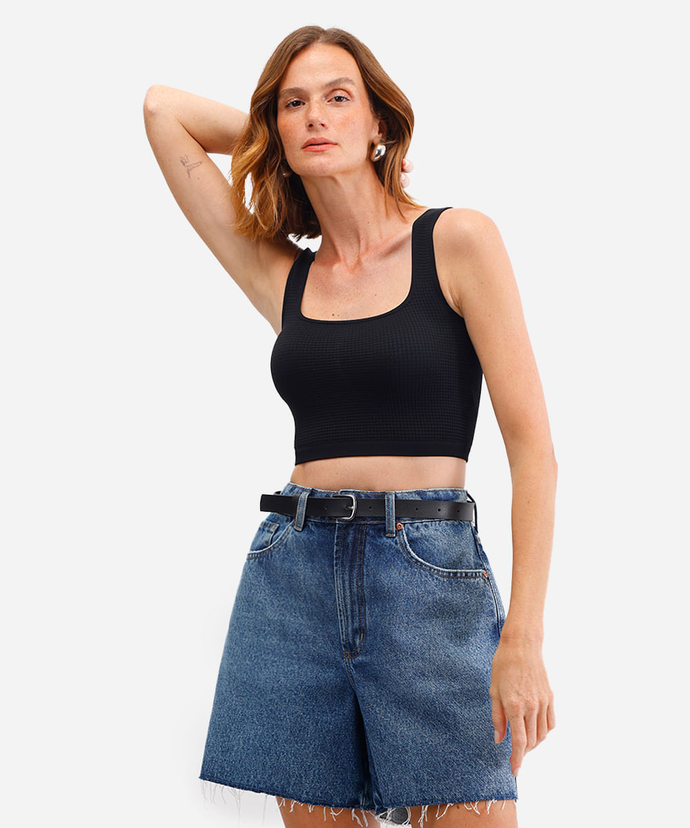 cropped básico feminino texturizado preto