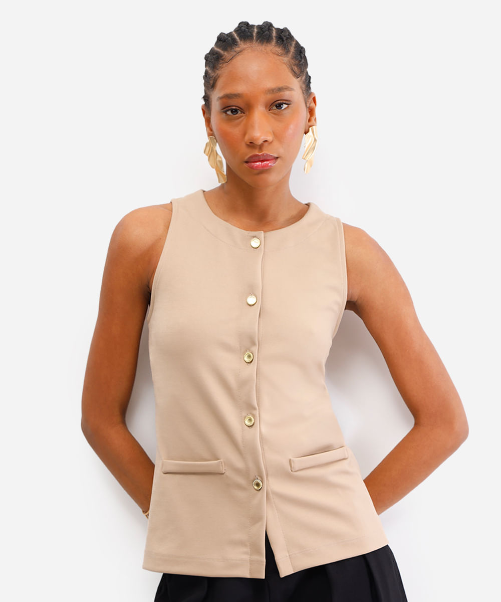 colete feminino alongado bege