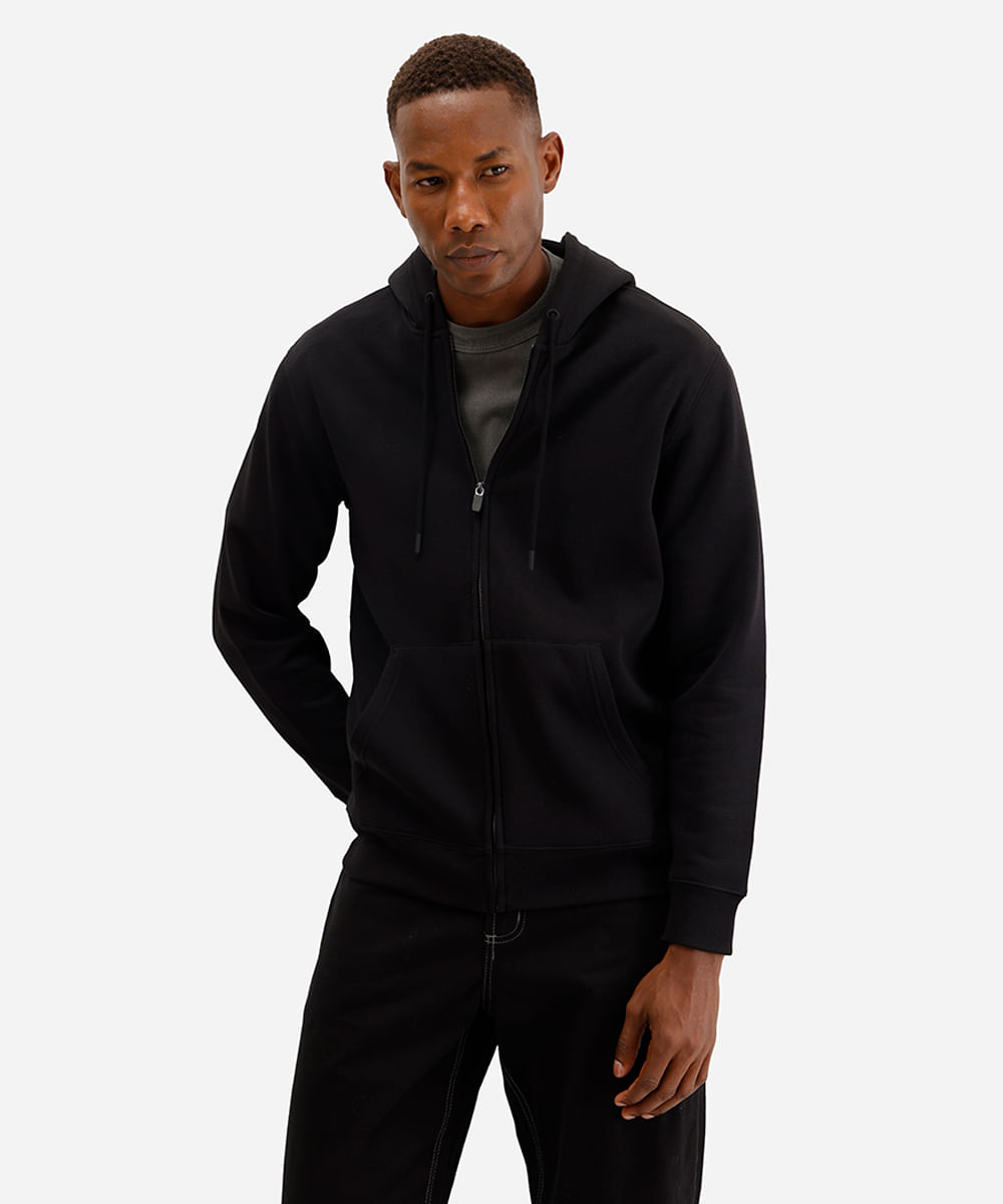 jaqueta básica masculina de moletom com capuz preta