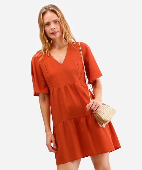 vestido curto com linho manga curta laranja
