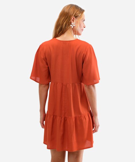 vestido curto com linho manga curta laranja