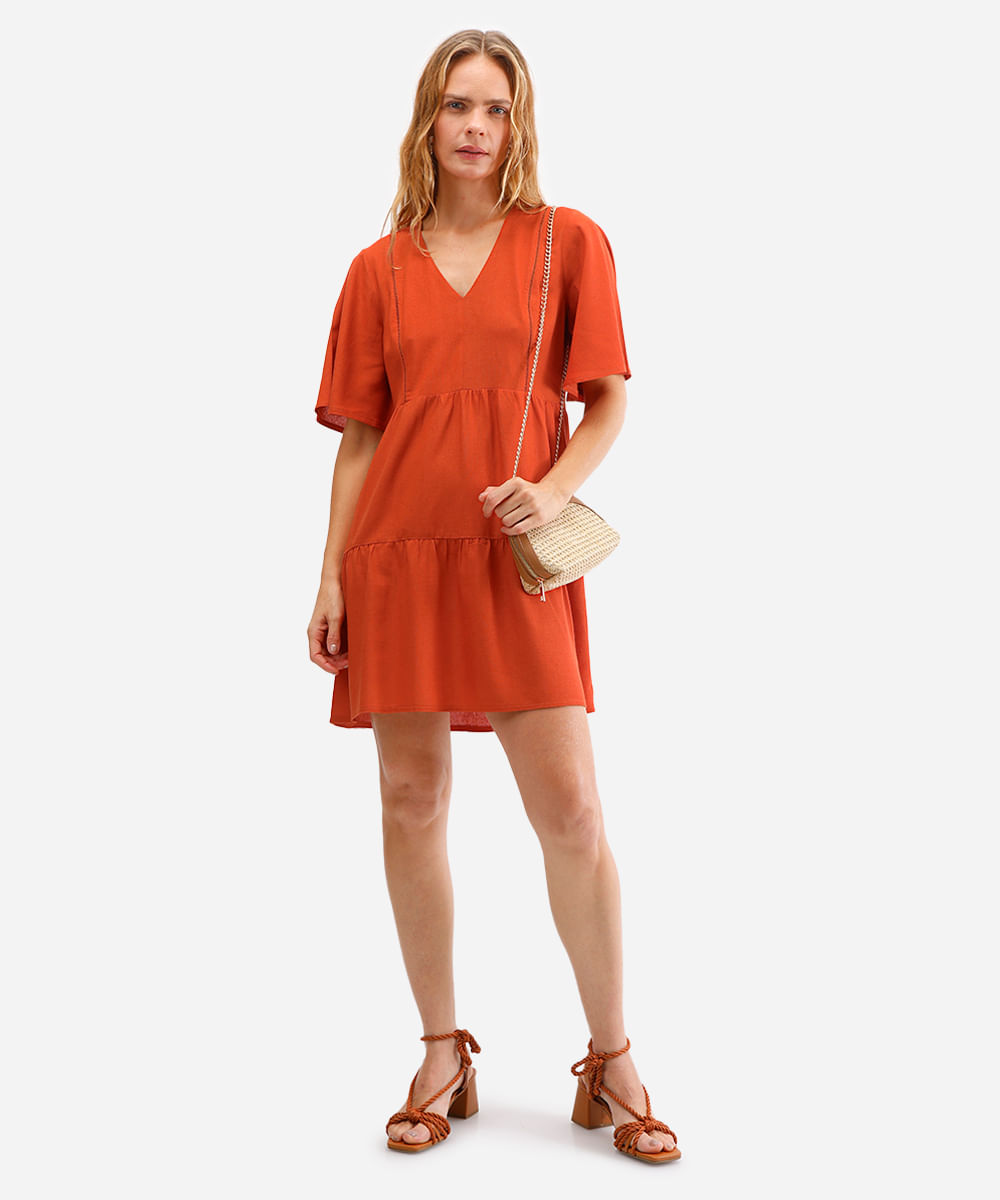 vestido curto com linho manga curta laranja