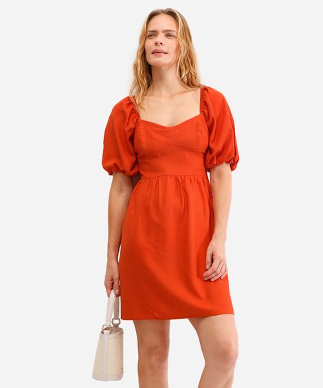 vestido curto com linho manga bufante laranja