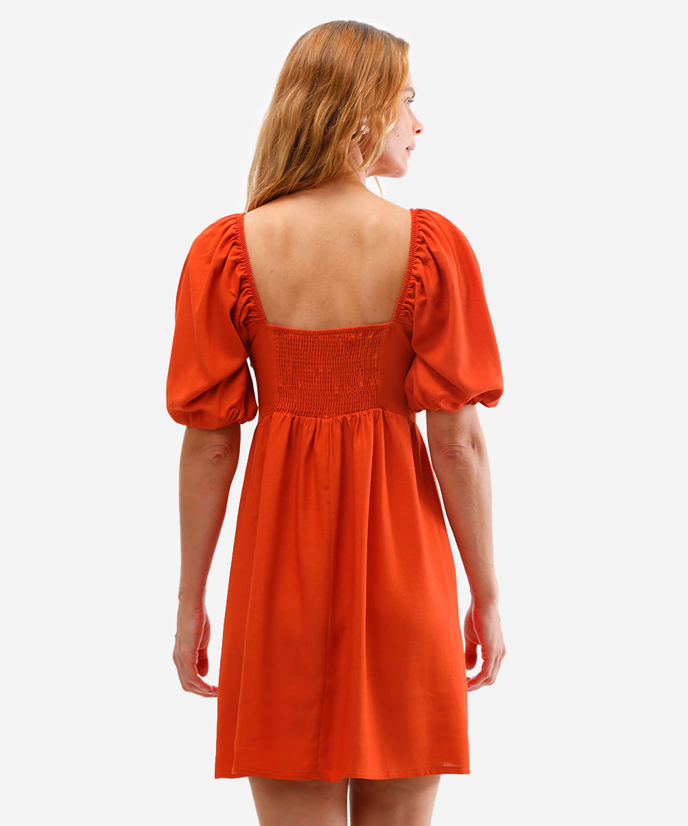 vestido curto com linho manga bufante laranja