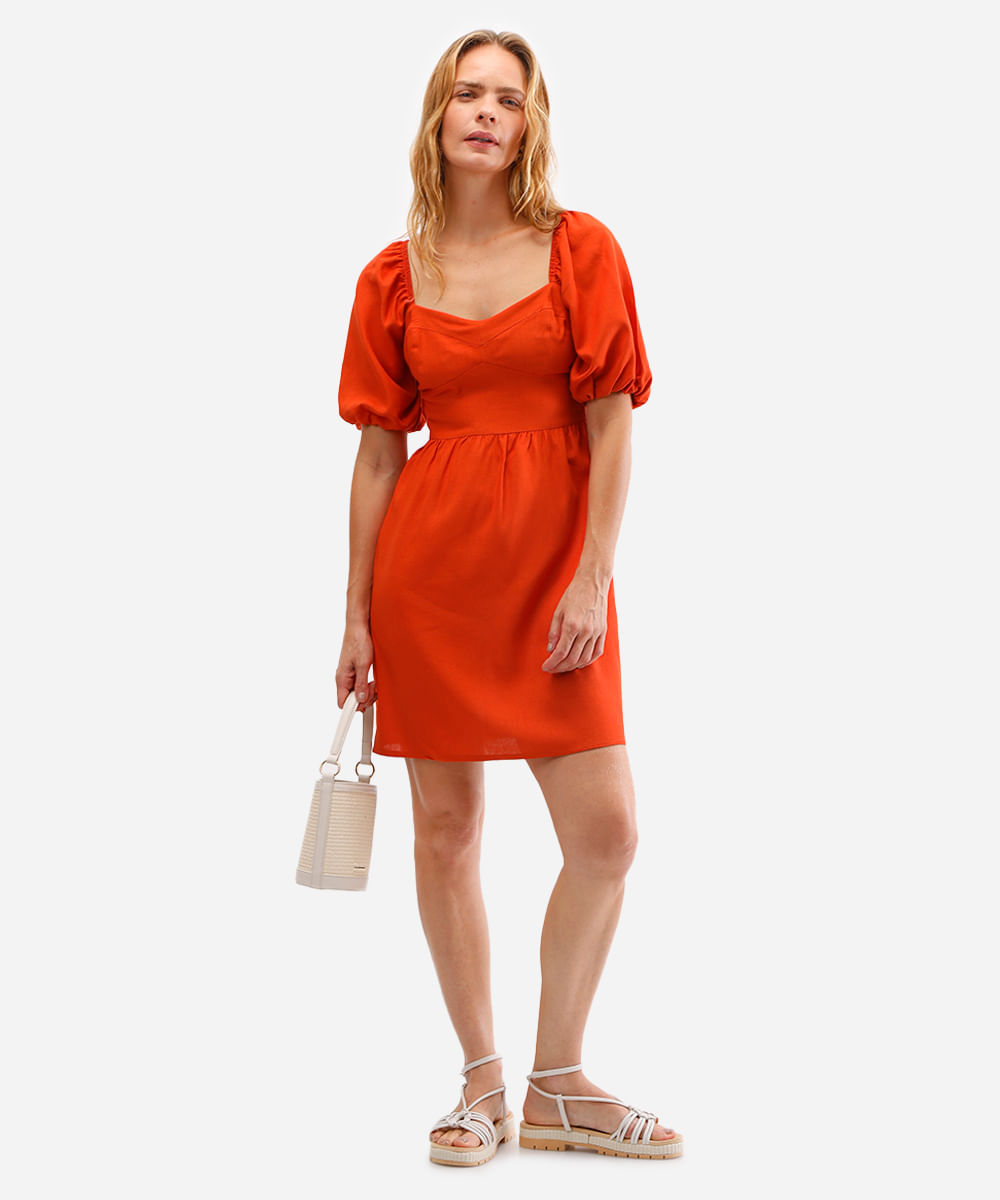 vestido curto com linho manga bufante laranja