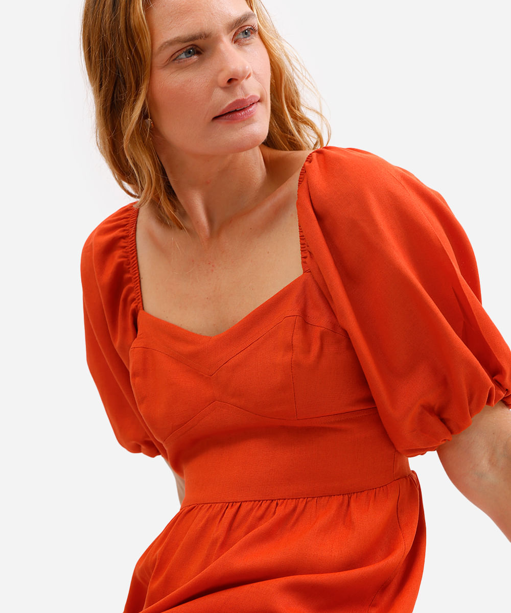 vestido curto com linho manga bufante laranja