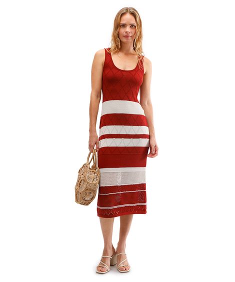 vestido midi de tricot alça fina listrado laranja