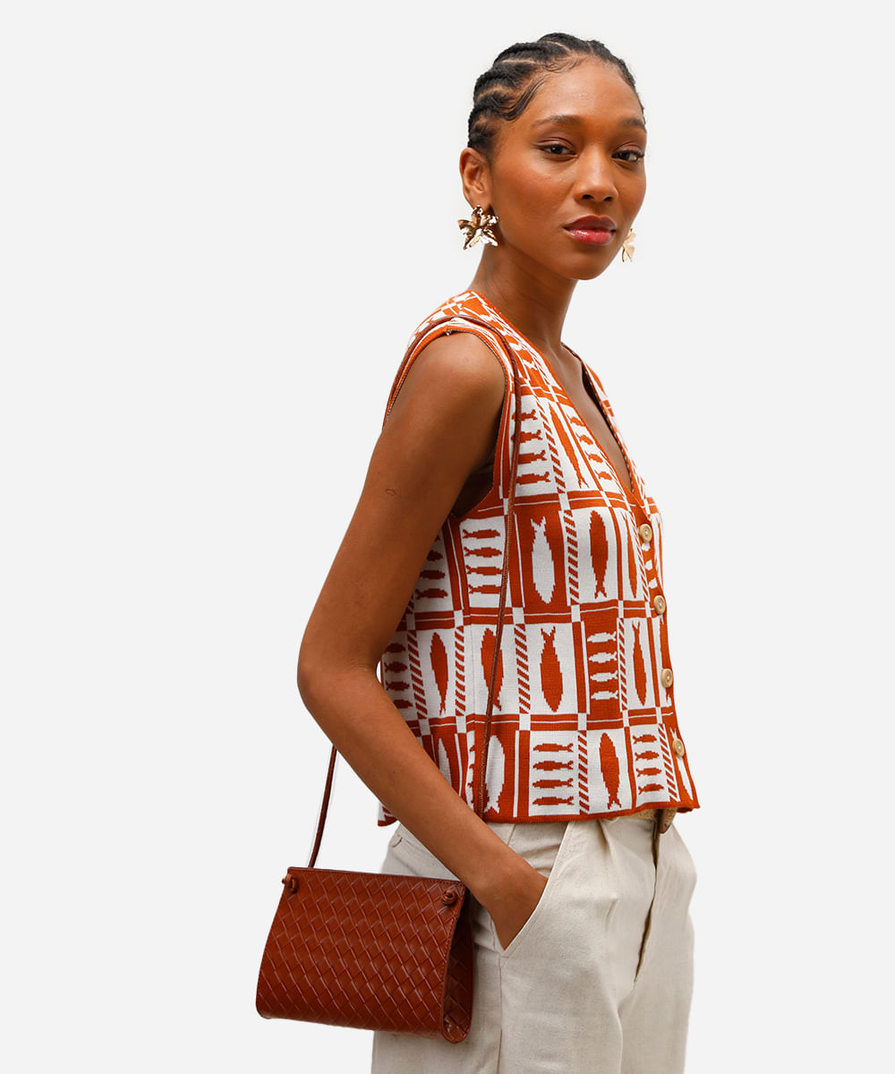 colete feminino de tricot estampado laranja