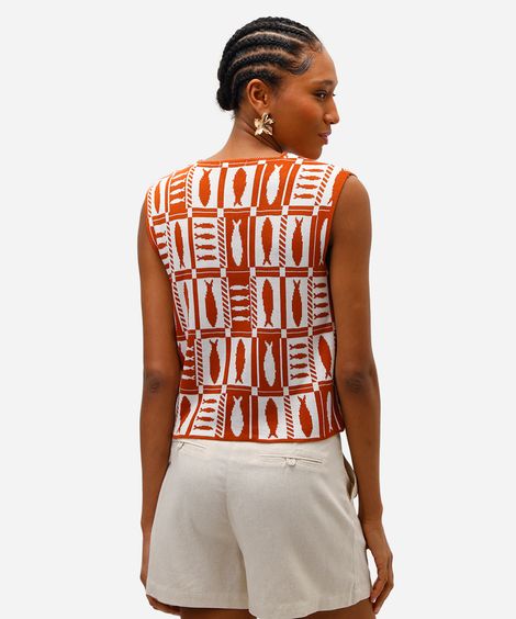 colete feminino de tricot estampado laranja