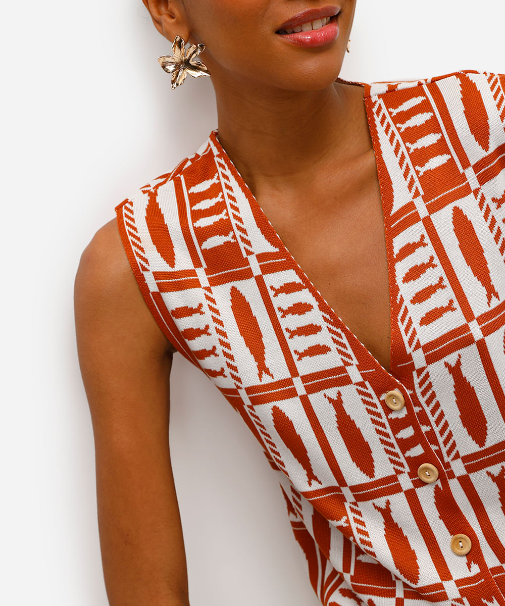 colete feminino de tricot estampado laranja